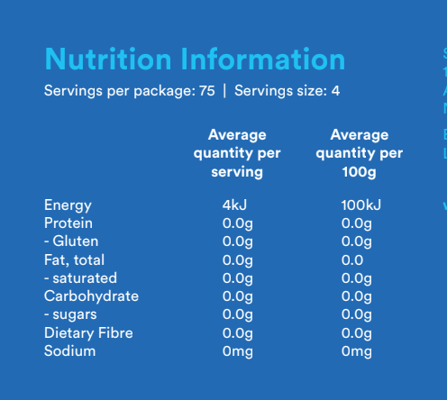 100kJ in Classic Not Sugar vs. 1600kJ for Table Sugar. That is 16X less energy.