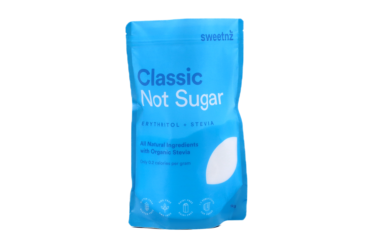 Classic Not Sugar 1kg front view. All natural ingredients with organic Stevia. 