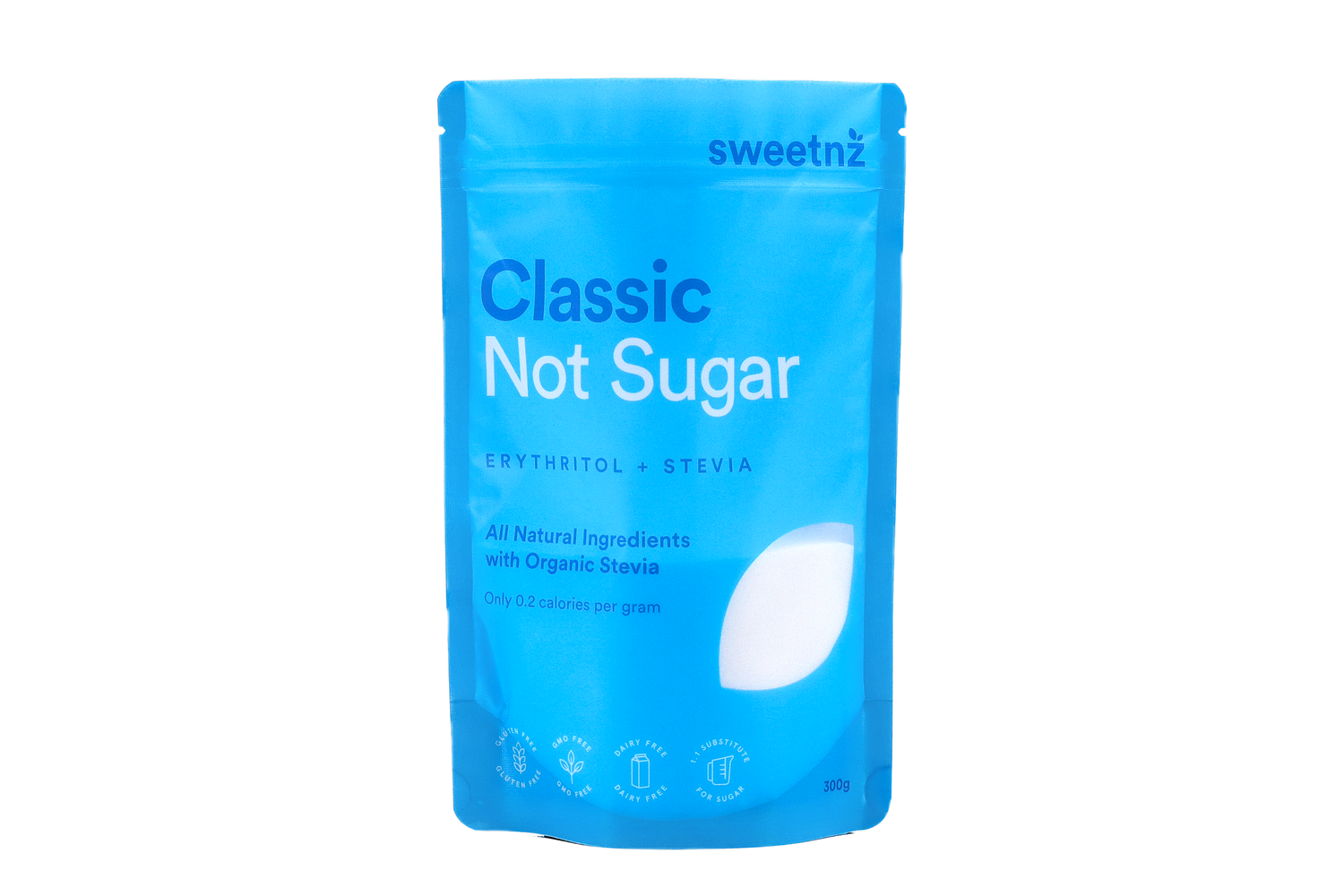 Classic Not Sugar 300g front view. All natural ingredients with organic Stevia. 