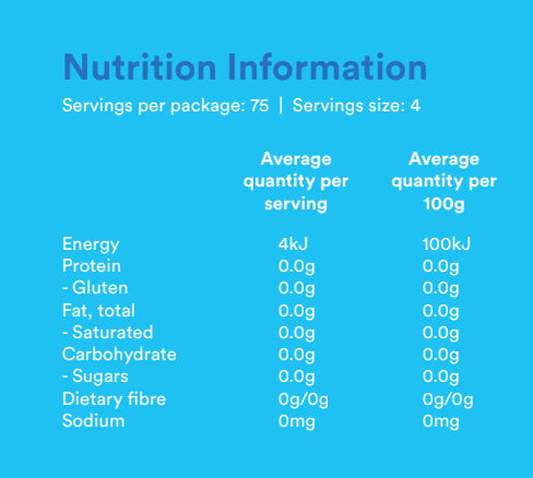 100kJ in Classic Not Sugar vs. 1600kJ for Table Sugar. That is 16X less energy.