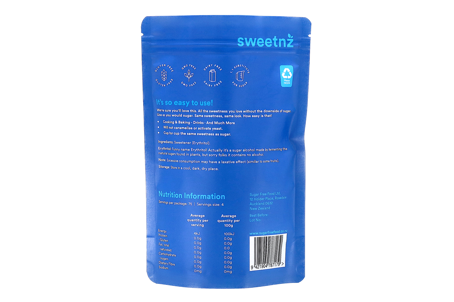 Erythritol 300g back panel. 70% the sweetness of table sugar, but without the calories!