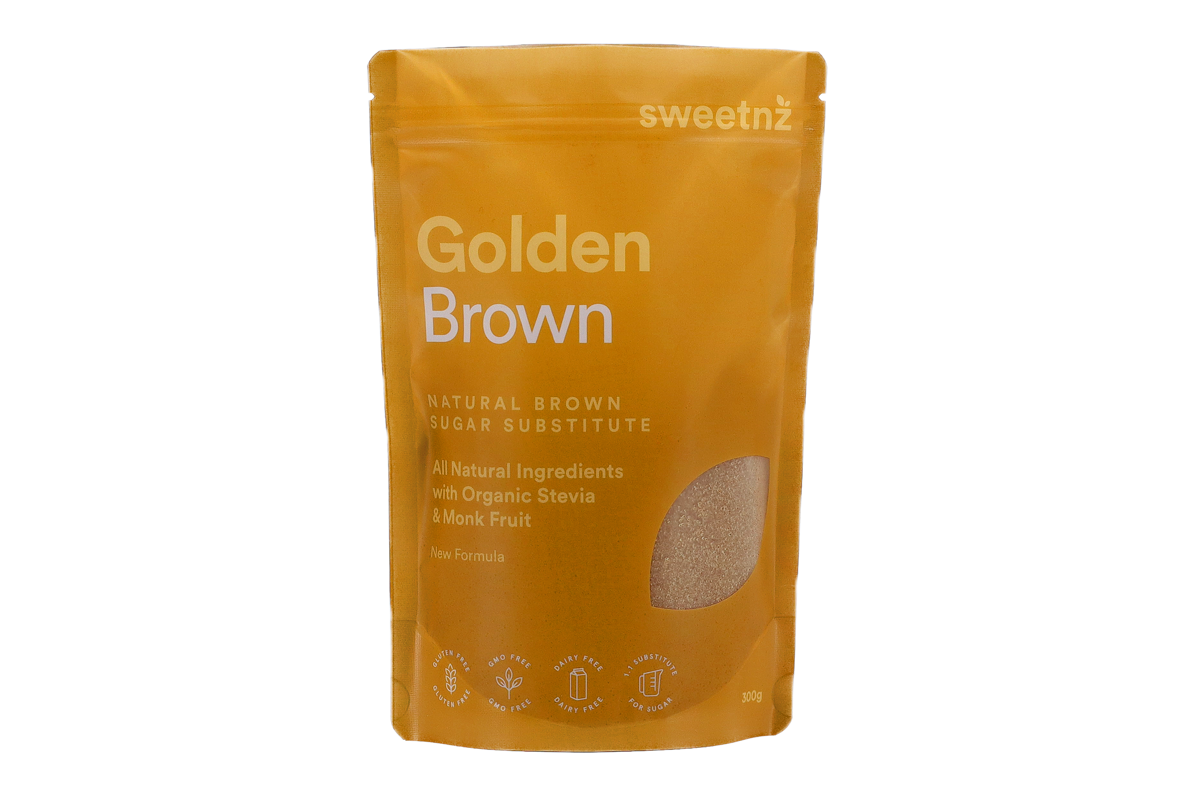 300g Golden Brown front of package - available from June 1 (approximately) with an all new formula that includes organic Monk Fruit extract, organic Stevia extract, molasses and a touch of natural caramel flavouring.