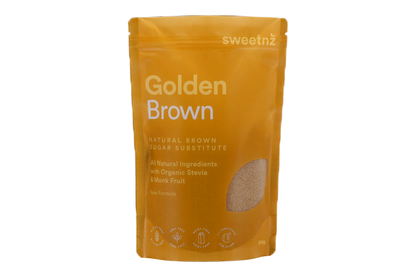 300g Golden Brown front of package - available from June 1 (approximately) with an all new formula that includes organic Monk Fruit extract, organic Stevia extract, molasses and a touch of natural caramel flavouring.