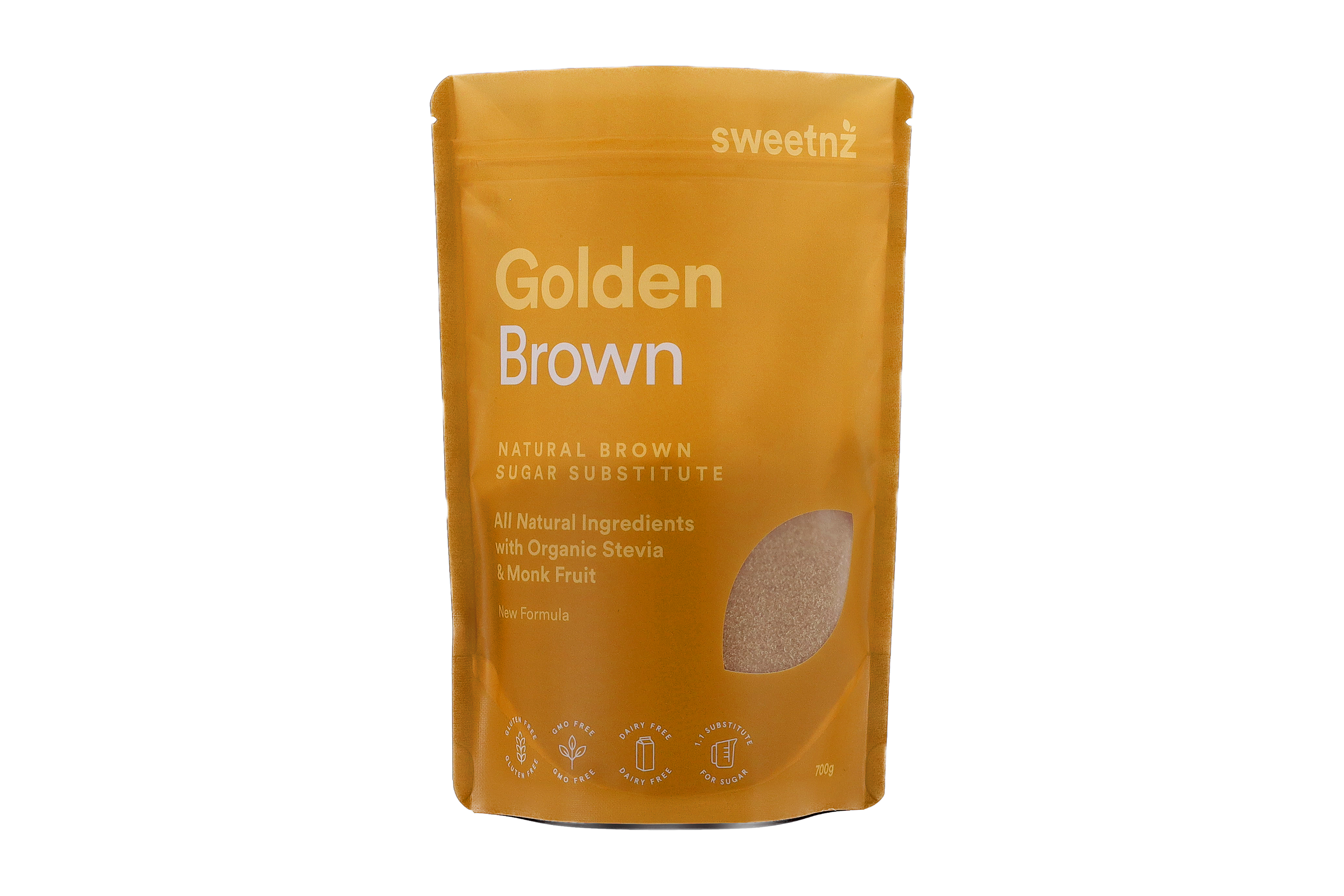 700g Golden Brown front of package - available from June 1 (approximately) with an all new formula that includes organic Monk Fruit extract, organic Stevia extract, molasses and a touch of natural caramel flavouring.