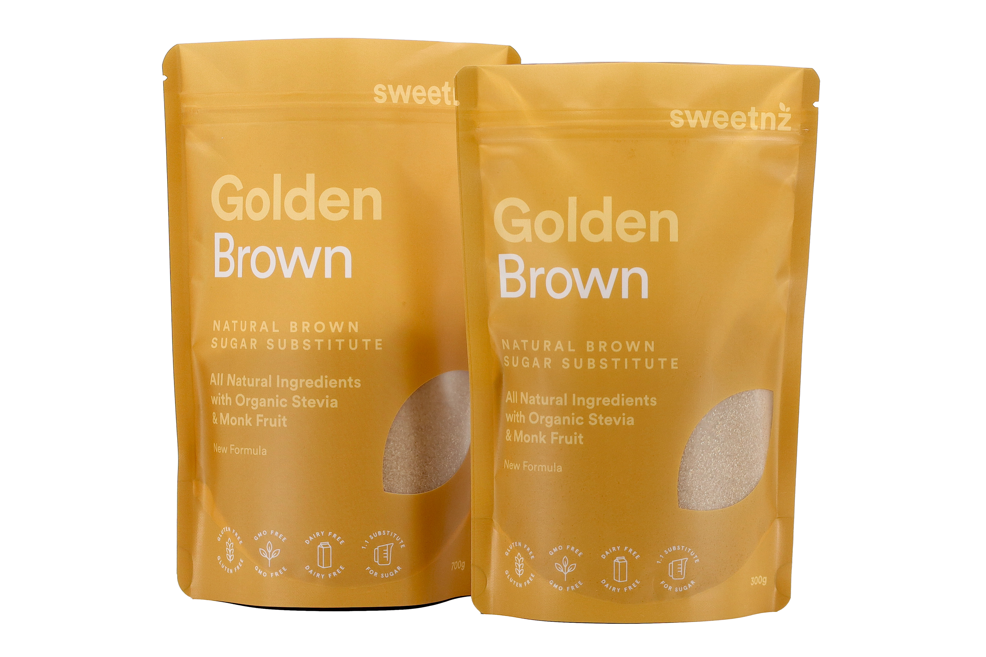 300g and 700g pair of Golden Brown. Available from June 1 (approximately) with an all new formula that includes organic Monk Fruit extract, organic Stevia extract, molasses and a touch of natural caramel flavouring.