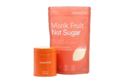 Monk Fruit Not Sugar 300g paired with small Gift Can. This makes a nice gift to sugar free bakers and lovers of Monk Fruit.