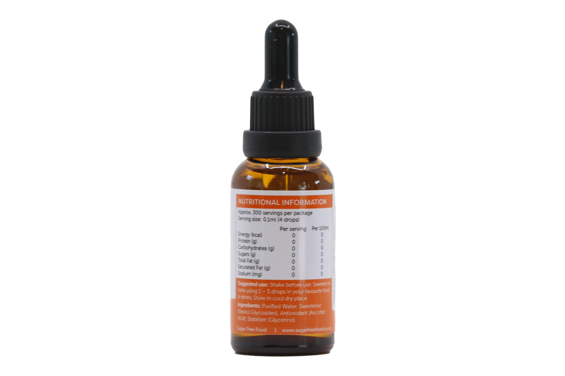 Liquid Stevia Drops - 30ml - Peach flavour, back label.