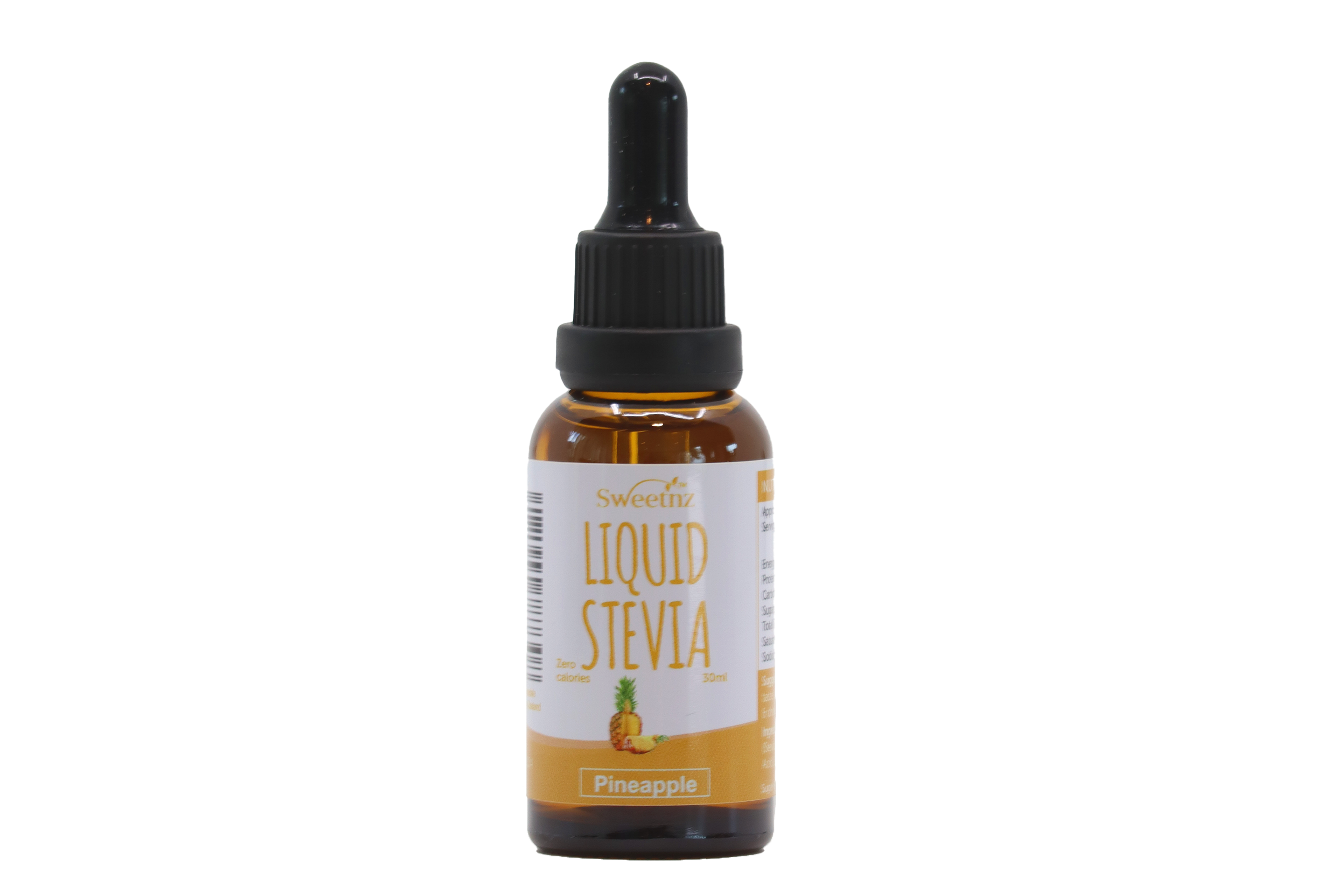 Liquid Stevia Drops - 30ml - Pineapple flavour, front label.