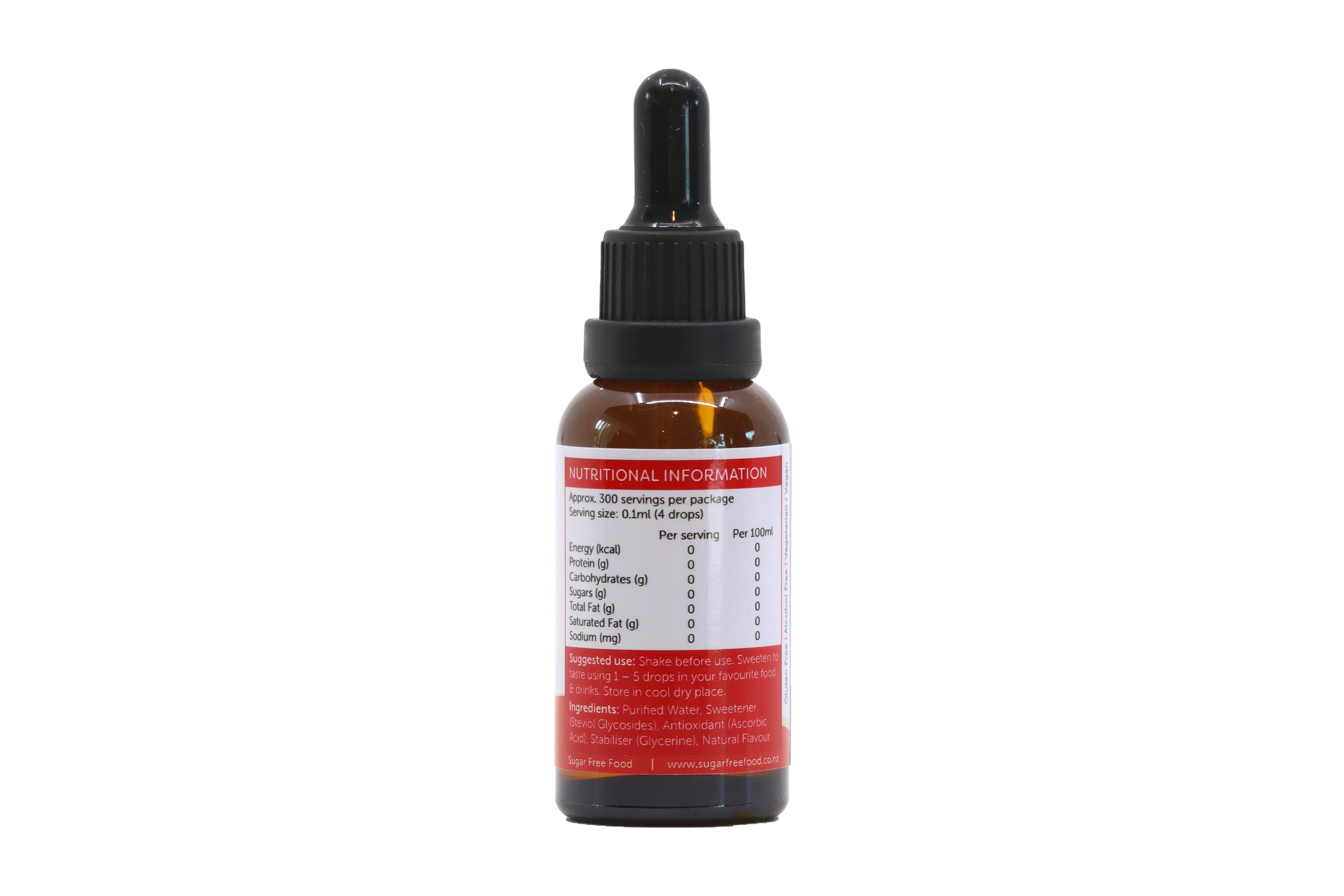 Liquid Stevia Drops - 30ml - Raspberry flavour, back label.