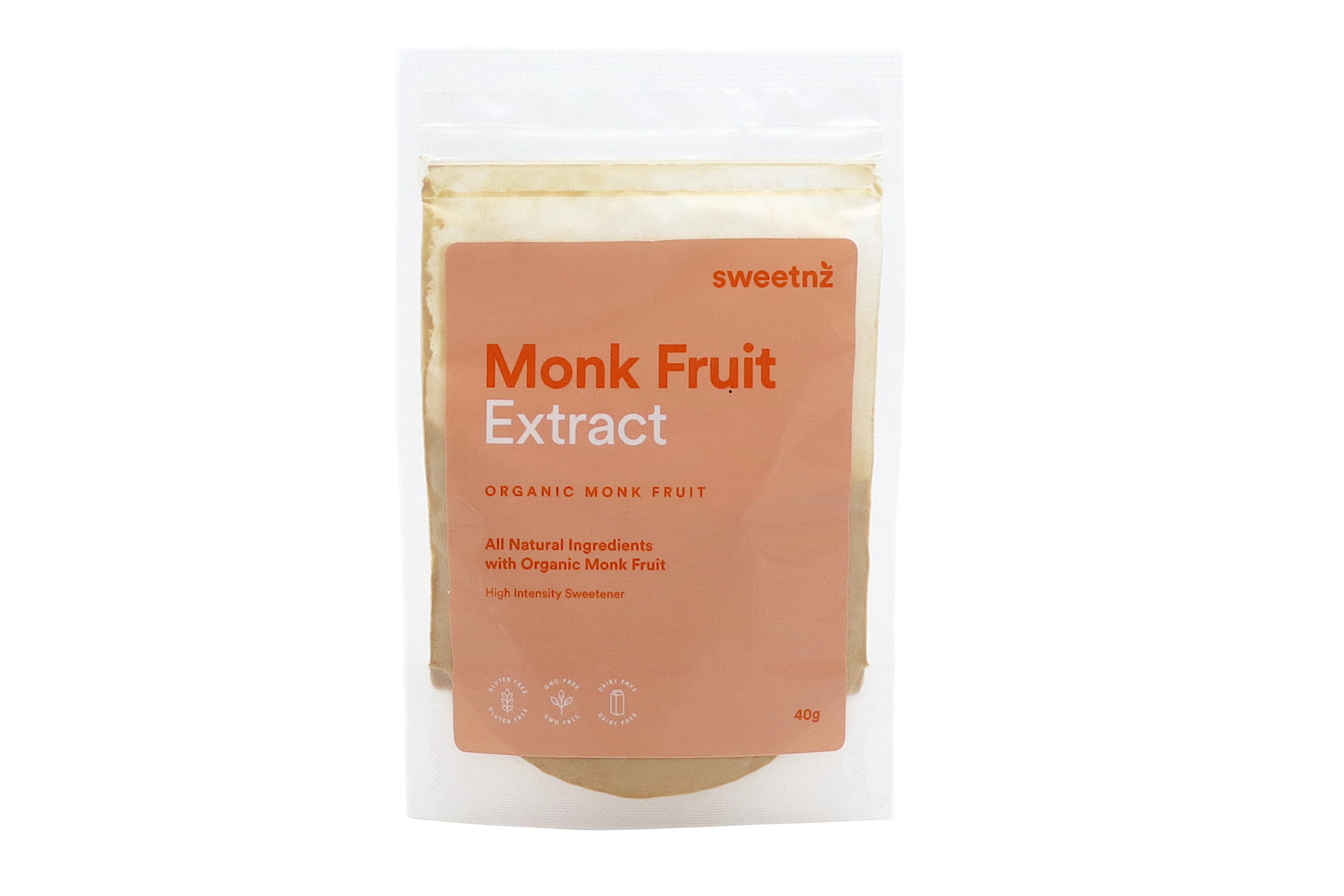 Monk Fruit Extract 40g - front image, clear. 