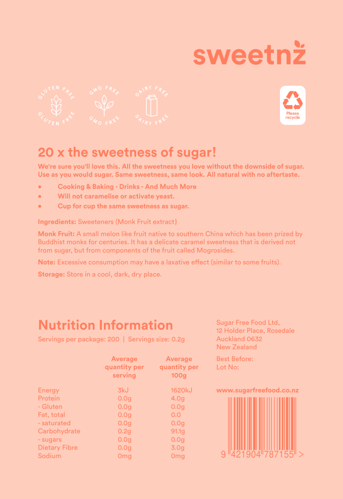 Monk Fruit Extract 40g back label. Please note the typo stating MV25. This product is in fact MV3.5.