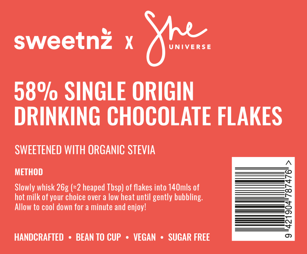 Sweetnz X She Universe 58% Single Origin Mylk Drinking Chocolate Flakes ℮130g