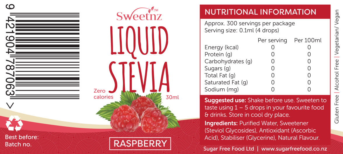 Liquid Stevia Drops - 30ml - Raspberry flavour, full label.