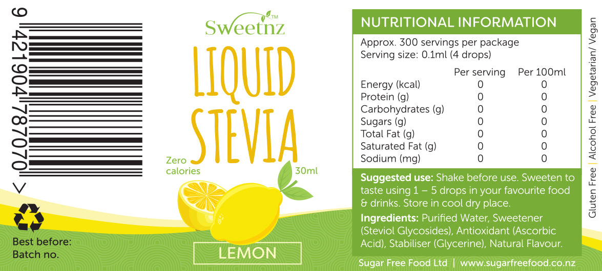 Liquid Stevia Drops - 30ml - Lemon flavour, full label.