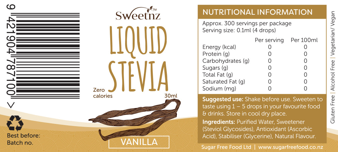 Liquid Stevia Drops - Vanilla flavour, full label 30ml
