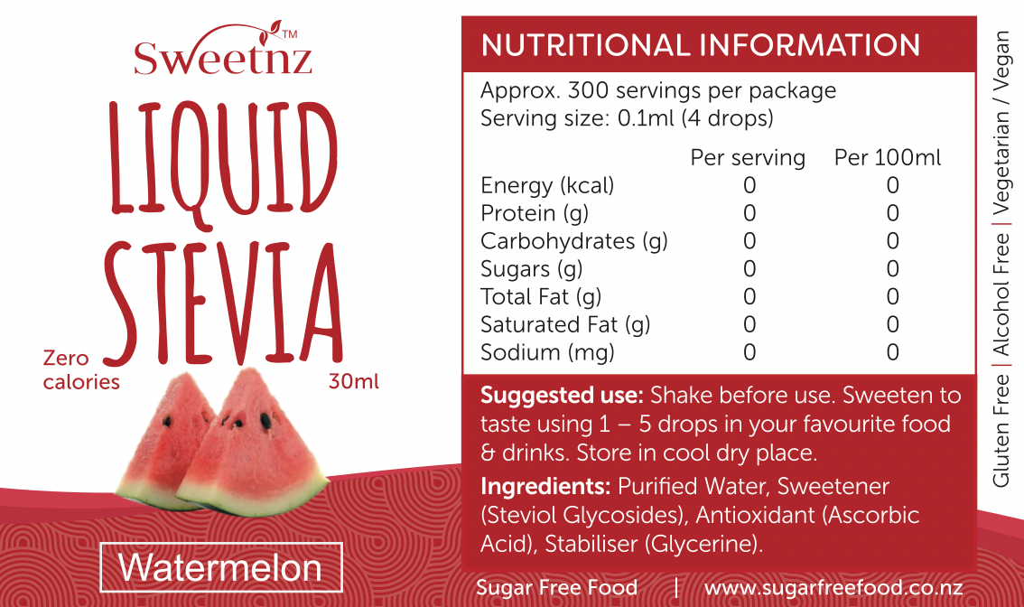 Liquid Stevia Drops - 30ml - Watermelon flavour, full label.