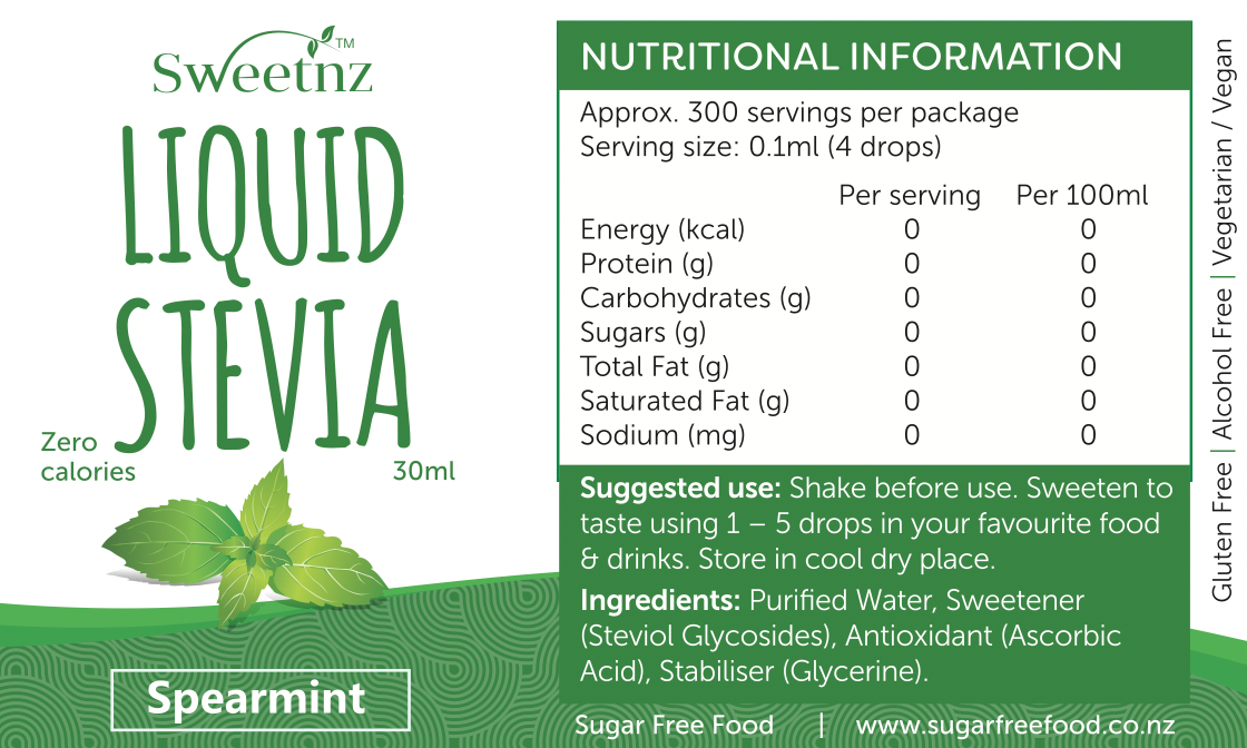 Liquid Stevia Drops - 30ml - Spearmint flavour, full label.