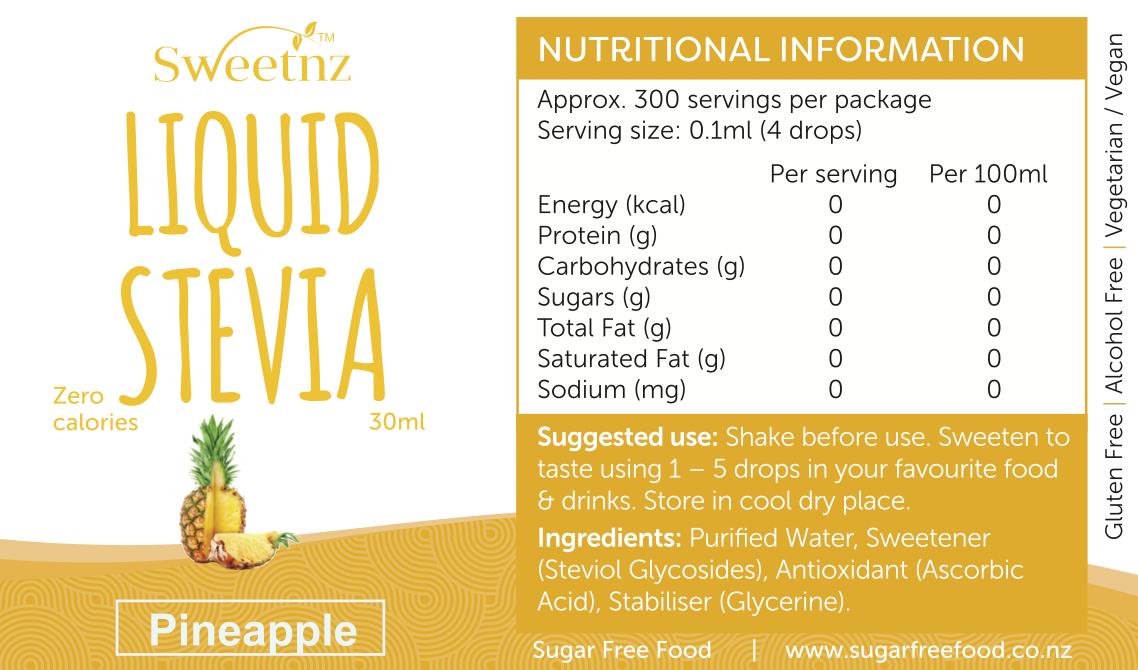 Liquid Stevia Drops - 30ml - Pineapple flavour, full label.
