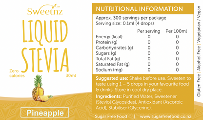 Liquid Stevia Drops - 30ml - Pineapple flavour, full label.