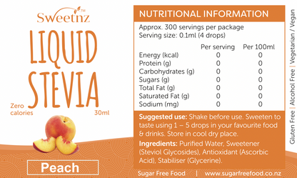 Liquid Stevia Drops - 30ml - Peach flavour, full label.