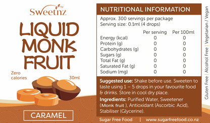 Liquid Monk Fruit Drops - 30ml - Caramel flavour, back label.