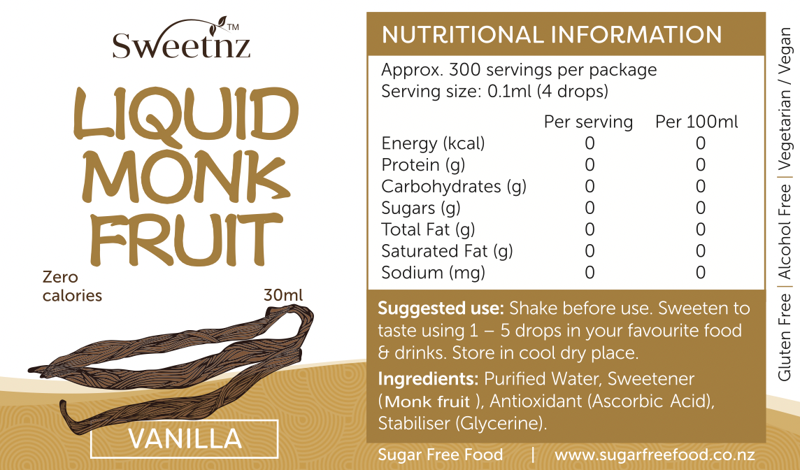 Liquid Monk Fruit Drops - 30ml - Vanilla flavour, full label.