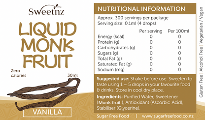 Liquid Monk Fruit Drops - 30ml - Vanilla flavour, full label.